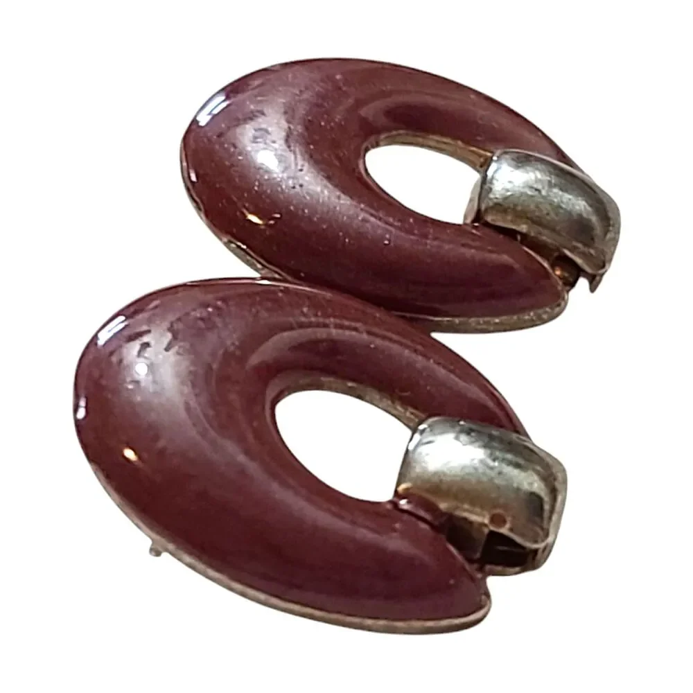 Vintage 80's Maroon Silver Tone Enamel Doorknocker Dangle Earrings